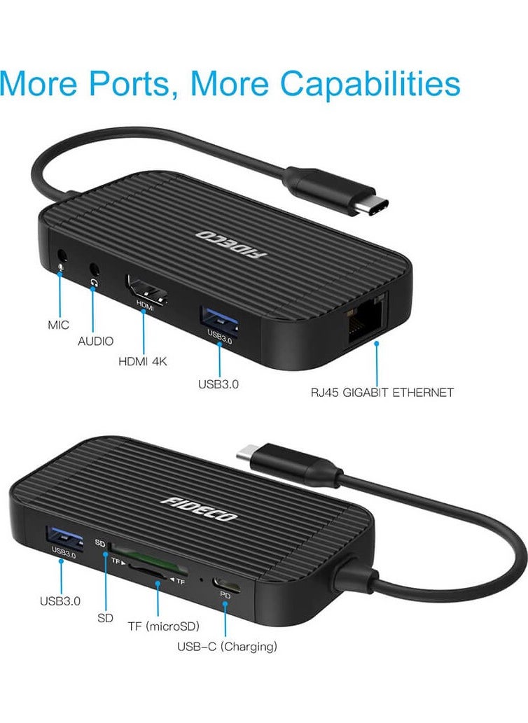 FIDECO - USB Type C To 4K HDMI USB 3.0 Hub Multiplexer Headphone Microphone Card Reader Gigabit Ethernet - Image 1