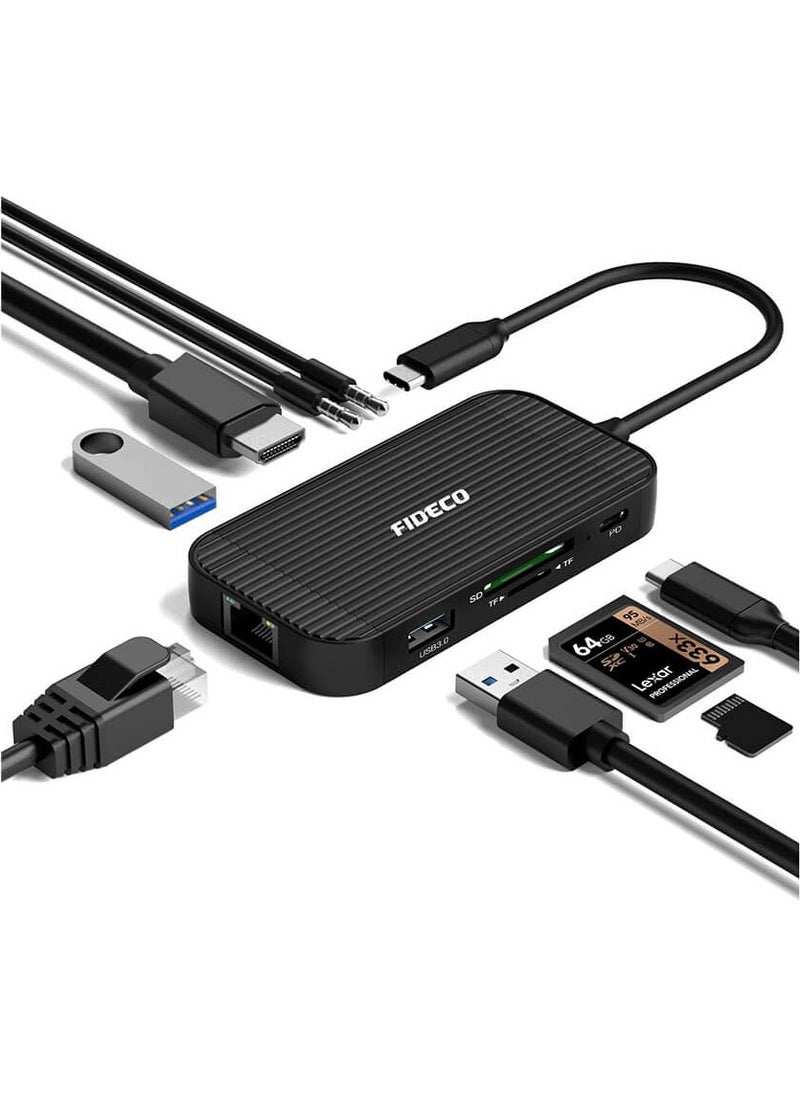 FIDECO - USB Type C To 4K HDMI USB 3.0 Hub Multiplexer Headphone Microphone Card Reader Gigabit Ethernet - Image 1