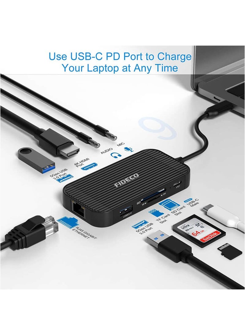 FIDECO - USB Type C To 4K HDMI USB 3.0 Hub Multiplexer Headphone Microphone Card Reader Gigabit Ethernet - Image 1