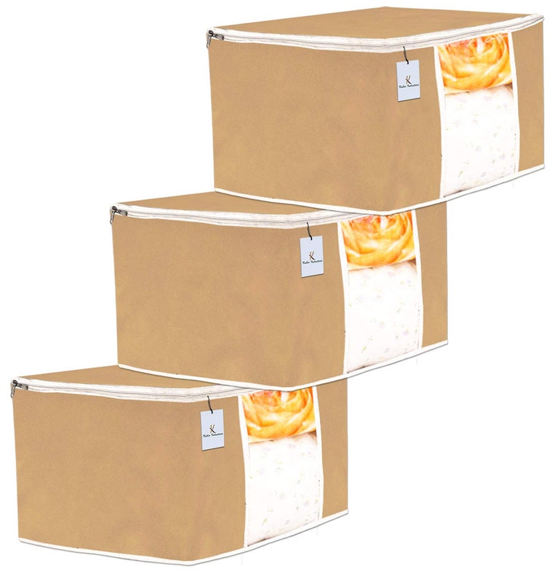 Kuber Industries 3 Piece Non Woven Underbed Storage Bag Storage Organiser Blanket Cover with Transparent Window Extra Large Brown CTKTC134835 - Image 1