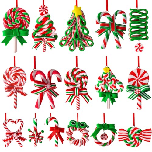 AUGSUN 16Pcs Christmas Lollipop Ornaments, Colorful Mini Candy Cane Hanging Ornaments Polymer Clay Peppermint Pendants for Xmas Tree Party Home Decorations - Image 1