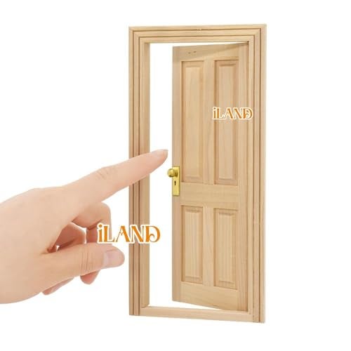 iland باب منزل الدمى الخشبي iLAND بمقياس 112 ملحقات مواد بناء منزل الدمى باب مصغر كلاسيكي 4 ألواح مع زينة مقبض باب مفتاح باب 4 ألواح كلاسيكي - Image 5