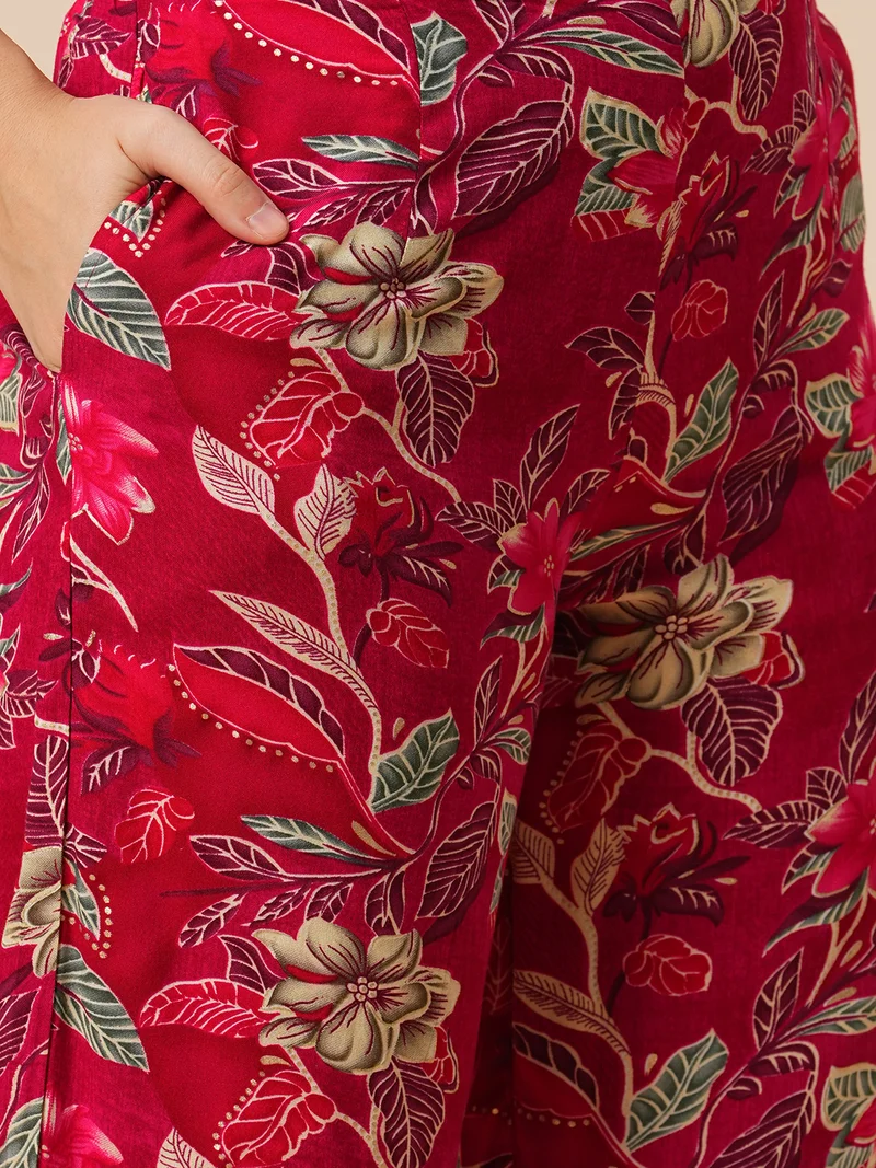 globus Women Notch Lapel Floral Print Belted Tunic With Mid-Rise Pants Fusion Co-Ord Set