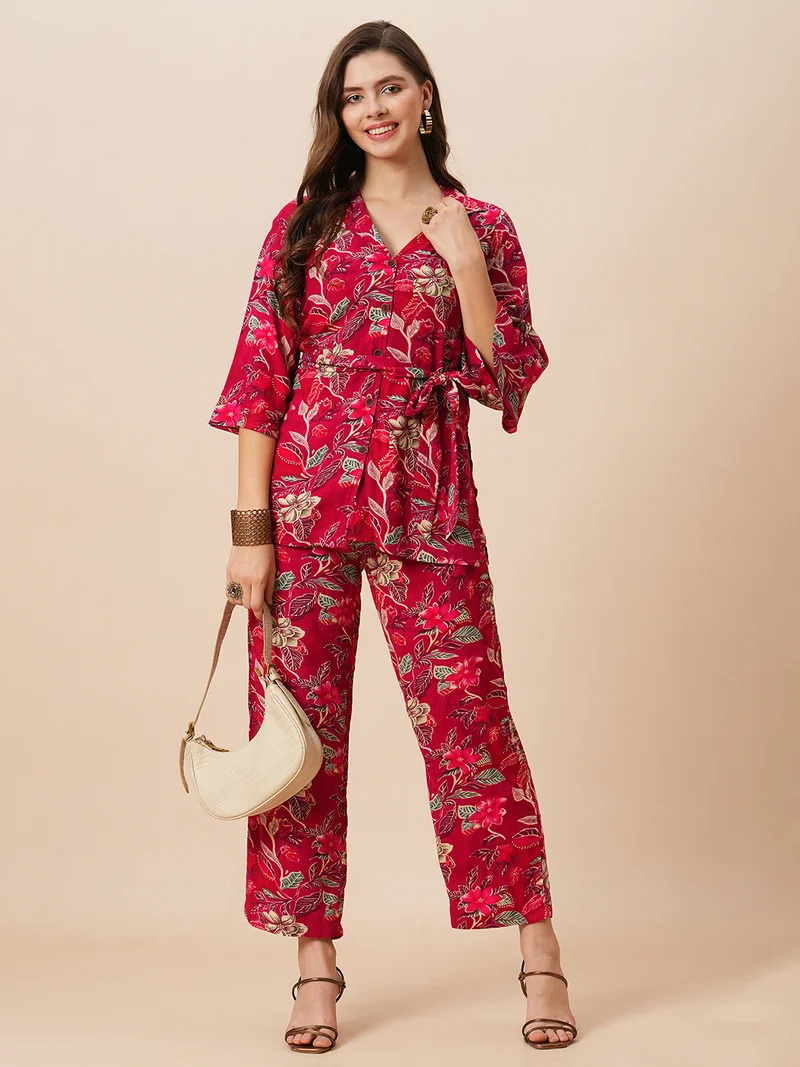 globus Women Notch Lapel Floral Print Belted Tunic With Mid-Rise Pants Fusion Co-Ord Set