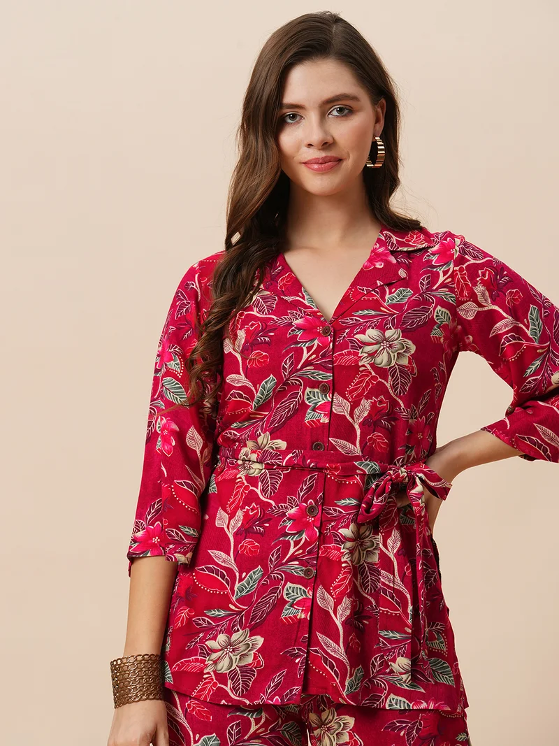 globus Women Notch Lapel Floral Print Belted Tunic With Mid-Rise Pants Fusion Co-Ord Set