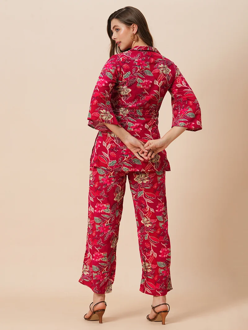 globus Women Notch Lapel Floral Print Belted Tunic With Mid-Rise Pants Fusion Co-Ord Set