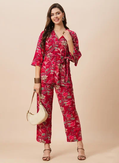 globus Globus Women Notch Lapel Floral Print Belted Tunic With Mid-Rise Pants Fusion Co-Ord Set