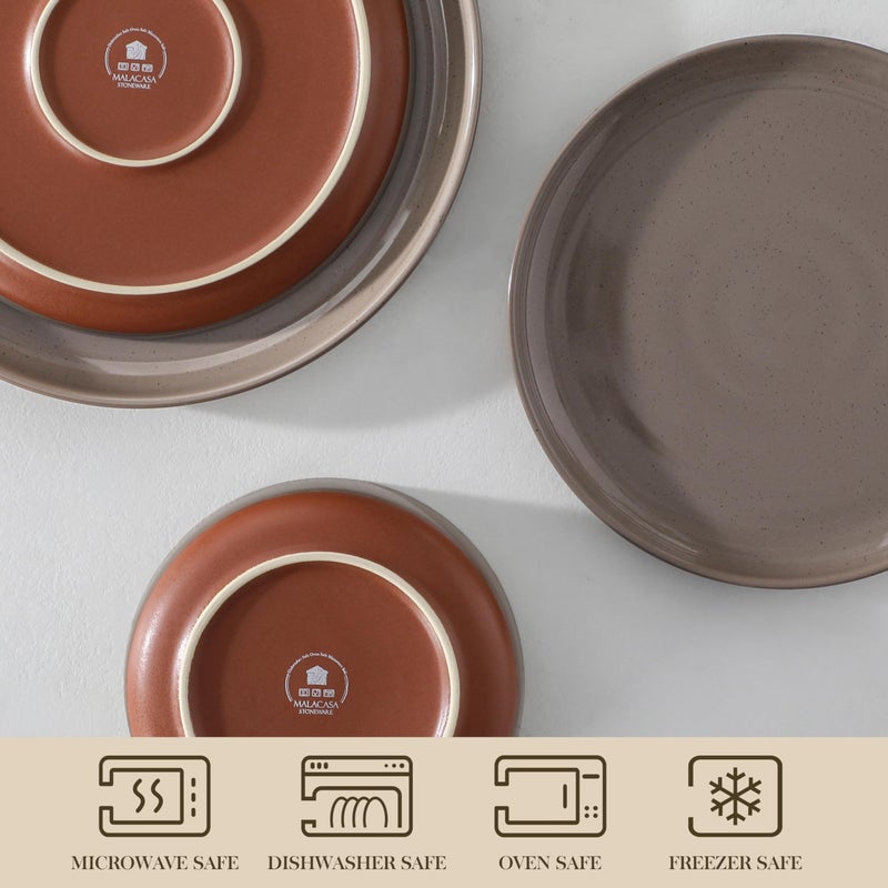MALACASA Plates and Bowls Sets, 12 Pieces Modern Stoneware Dinnerware Set for 4 Kitchen Dinner Set Ceramic Dishware Dishes Set Microwave and Dishwasher Safe, Brown, Series TARA - Image 4