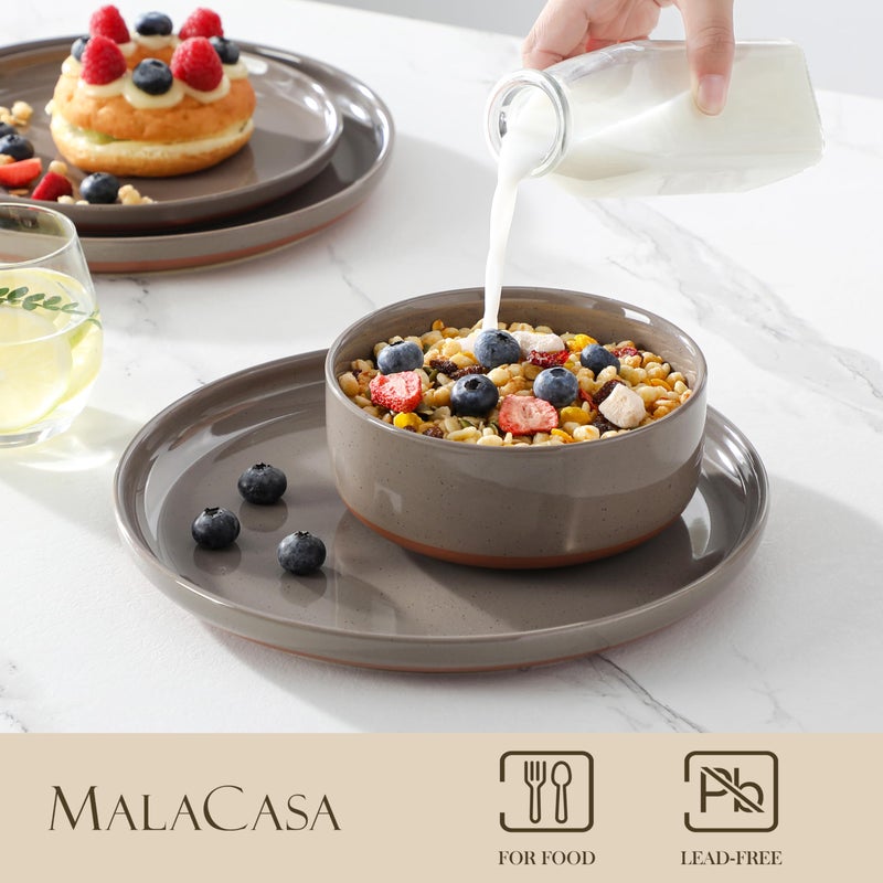 MALACASA Plates and Bowls Sets, 12 Pieces Modern Stoneware Dinnerware Set for 4 Kitchen Dinner Set Ceramic Dishware Dishes Set Microwave and Dishwasher Safe, Brown, Series TARA - Image 3
