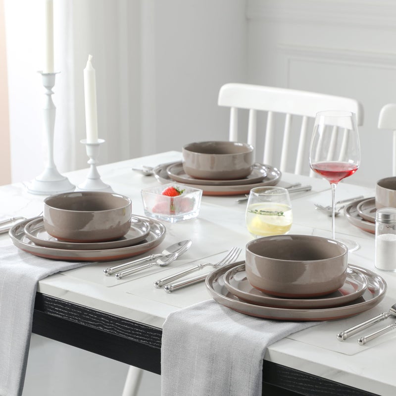 MALACASA Plates and Bowls Sets, 12 Pieces Modern Stoneware Dinnerware Set for 4 Kitchen Dinner Set Ceramic Dishware Dishes Set Microwave and Dishwasher Safe, Brown, Series TARA - Image 5