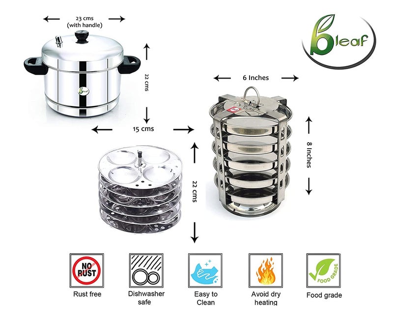 BLeaf Stainless Steel-Idli cooker (Induction & Standard) with Regular Idli Stand/Idli Plates (6 Plates, 24 Idlis.) (Idli Cooker with 6 Regular Idli Plates & 5 Plates Thatte Idli Stand) - Image 3