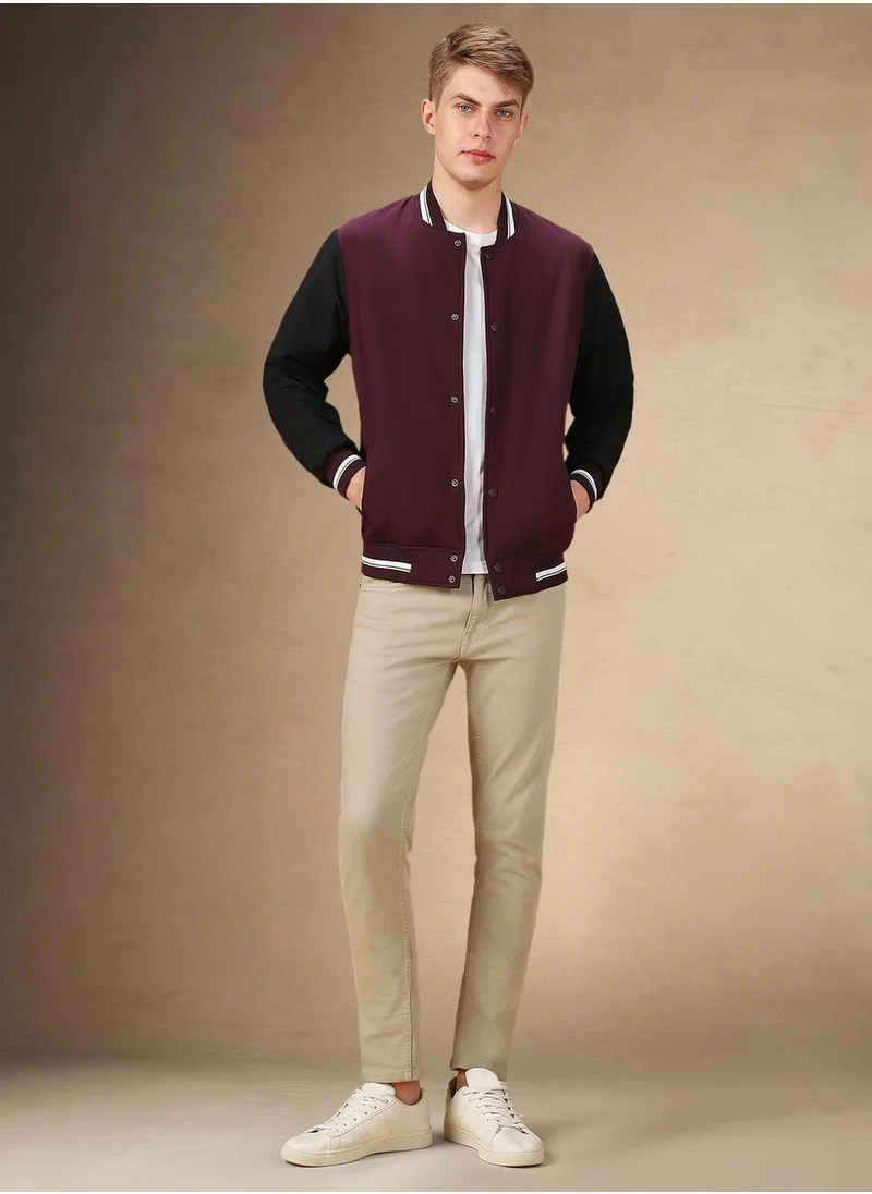 دينيس لينغو Men's Maroon 100% Polyester Colour Blocked Regular Fit Jacket