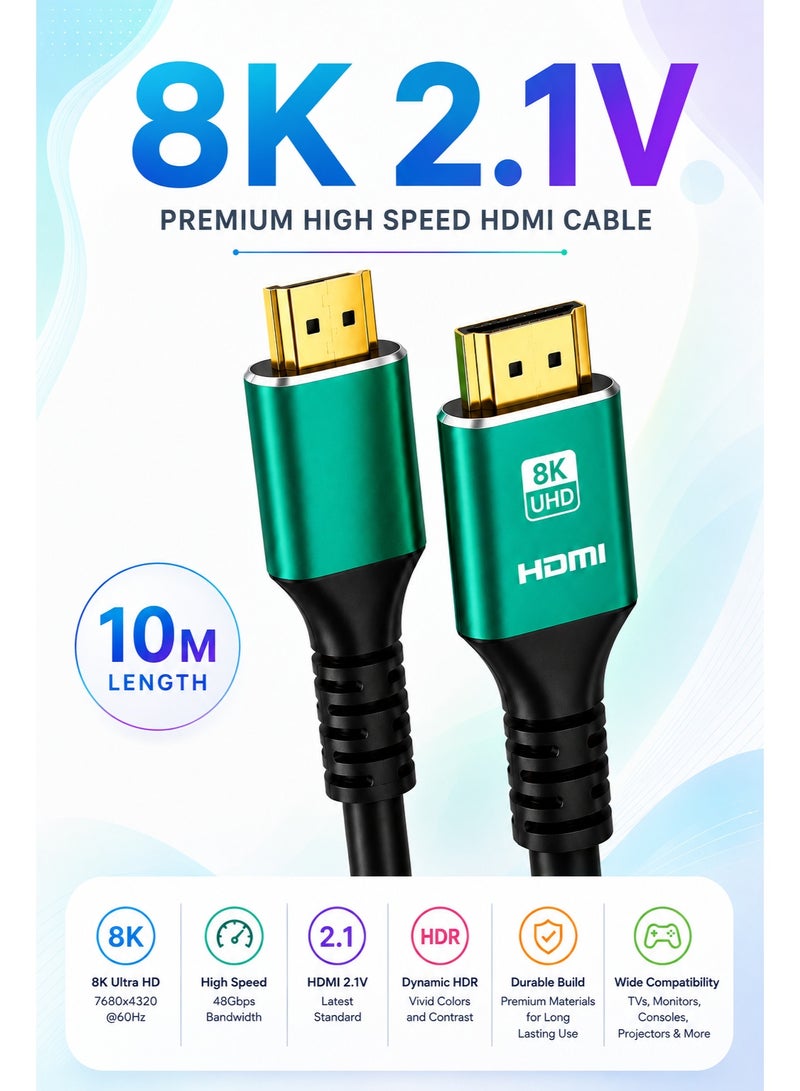 ​كابل كونف كابل HDMI 2.1 بدقة 8K، طول 10 أمتار، يدعم دقة 8K بمعدل 60 هرتز، و4K بمعدل 120 هرتز، و2K بمعدل 240 هرتز، و1080P بمعدل 240 هرتز، بسرعة نقل بيانات تصل إلى 48 جيجابت في الثانية، ويدعم تقنيات 3D، وHDR، وHDCP، وeARC، وDolby. كابل HDMI فائق السرعة لأجهزة الكمبيوتر المحمولة، وأجهزة الكمبيوتر المكتبية، والشاشات، وأجهزة العرض، وأجهزة التلفزيون، وأجهزة PS4، وPS5، وXbox، وSwitch، وأجهزة التلفزيون عالية الدقة، وكاميرات DSLR. - Image 1