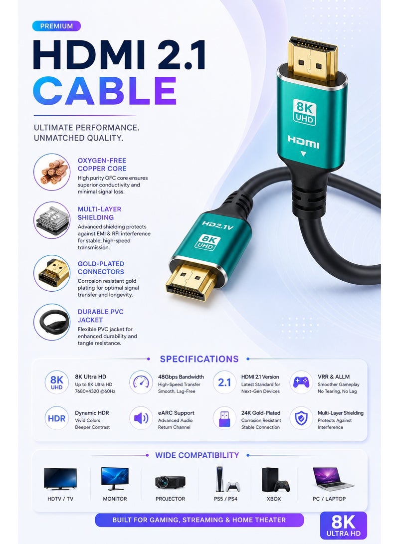 ​كابل كونف كابل HDMI 2.1 بدقة 8K، طول 10 أمتار، يدعم دقة 8K بمعدل 60 هرتز، و4K بمعدل 120 هرتز، و2K بمعدل 240 هرتز، و1080P بمعدل 240 هرتز، بسرعة نقل بيانات تصل إلى 48 جيجابت في الثانية، ويدعم تقنيات 3D، وHDR، وHDCP، وeARC، وDolby. كابل HDMI فائق السرعة لأجهزة الكمبيوتر المحمولة، وأجهزة الكمبيوتر المكتبية، والشاشات، وأجهزة العرض، وأجهزة التلفزيون، وأجهزة PS4، وPS5، وXbox، وSwitch، وأجهزة التلفزيون عالية الدقة، وكاميرات DSLR. - Image 3