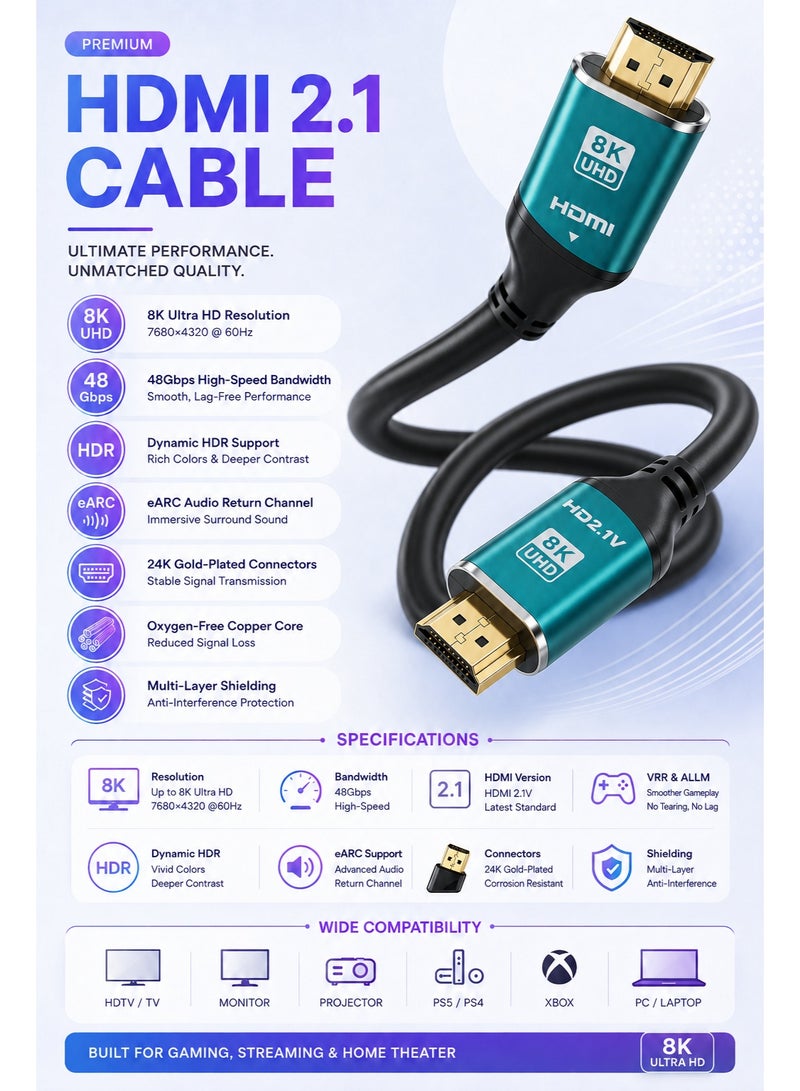 ​كابل كونف كابل HDMI 2.1 بدقة 8K، طول 10 أمتار، يدعم دقة 8K بمعدل 60 هرتز، و4K بمعدل 120 هرتز، و2K بمعدل 240 هرتز، و1080P بمعدل 240 هرتز، بسرعة نقل بيانات تصل إلى 48 جيجابت في الثانية، ويدعم تقنيات 3D، وHDR، وHDCP، وeARC، وDolby. كابل HDMI فائق السرعة لأجهزة الكمبيوتر المحمولة، وأجهزة الكمبيوتر المكتبية، والشاشات، وأجهزة العرض، وأجهزة التلفزيون، وأجهزة PS4، وPS5، وXbox، وSwitch، وأجهزة التلفزيون عالية الدقة، وكاميرات DSLR. - Image 5