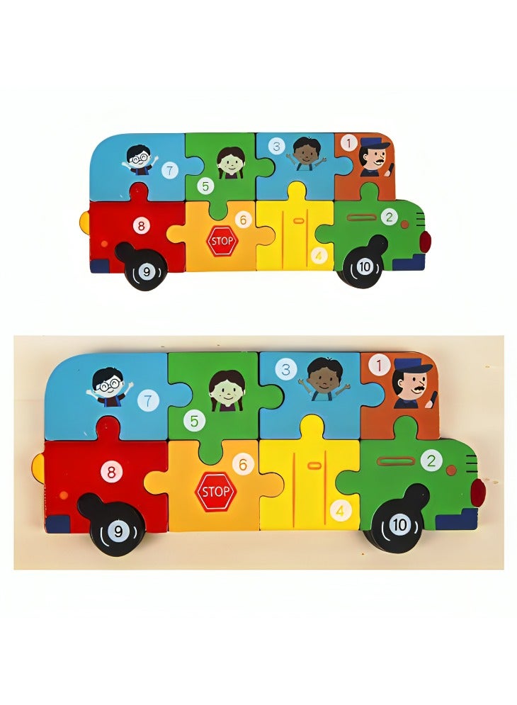 ألغاز خشبية ثلاثية الأبعاد مصممة لتعليم الأطفال الأشكال مع الأرقام، أدوات دعم التعليم المبكر للآباء والمعلمين، ألوان وأنماط جذابة، تنمية المهارات الحركية من مونتيسوري، هدايا رائعة (شكل حافلة) - Image 1