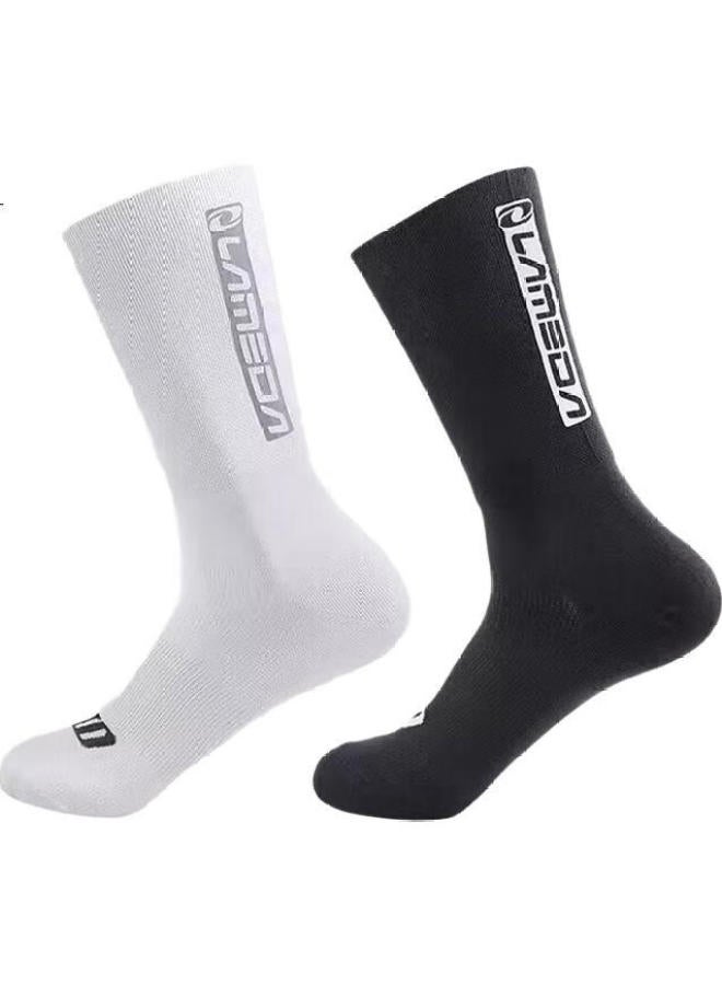 Lampada Breathable Reflective Cycling Socks For Men And Women, Bicycle Road Bike Sports Socks, Running Socks, Mid-Calf - Black - Image 1