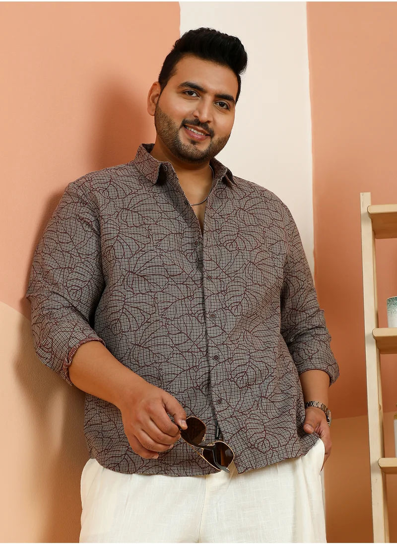 انستافاب بلس Instafab Plus Men's Pewter Grey Foliage-Glen Shirt For Casual Wear | Spread Collar | Long Cuffed Sleeves | Button Closure | Plus Size Shirt Crafted With Comfort Fit For Everyday Wear
