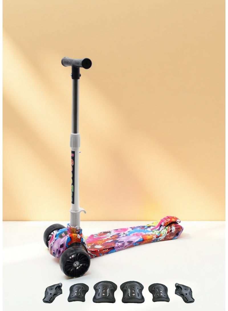 EASY FUTURE Kids Kick Scooter: Foldable Design, Height-Adjustable Handle, LED Wheels, Rear Brake for Ages 3-8 Including Protective Gear Set - Image 1