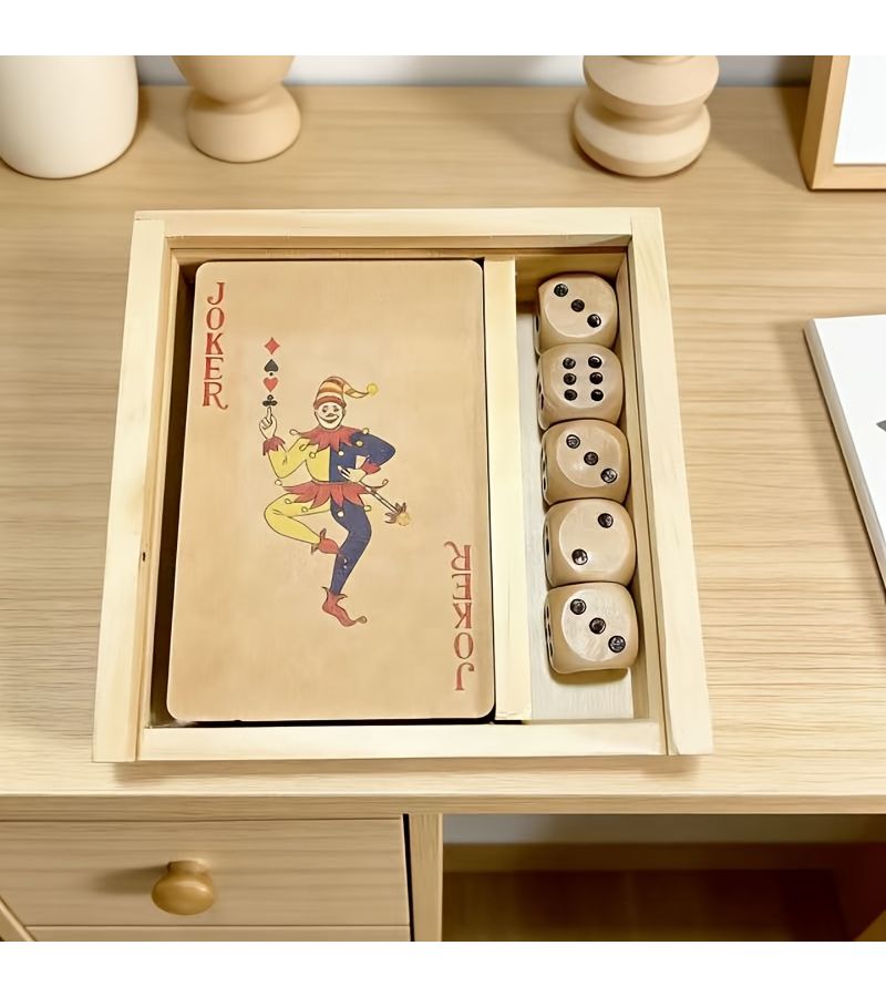 Natural Color 2 In 1 Wooden Poker Dice And Board Game Set With Wood Box Retro Tabletop Party Portable Handmade Gift For Game Nights Camping Travel Multiplayer Family Fun - Image 1