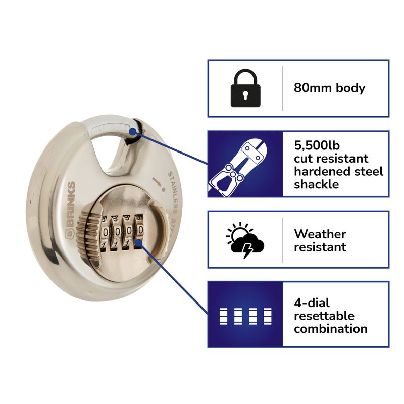 BRINKS â€“ Heavy Duty Combination Padlock â€“ 80mm Chrome Plated Lock with Hardened Steel Shackle â€“ Resettable Security Lock for Storage Lockers, Toolboxes, Outdoor & Indoor Sheds, and More - Image 2