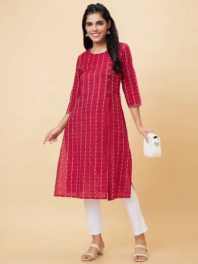 globus Globus Women Maroon Geometric Printed Mandarin Collar Pure Cotton Straight Festive Kurta