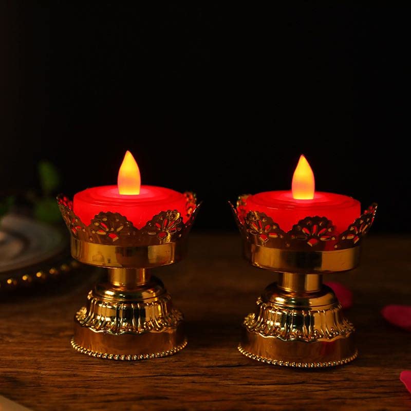 ONPRIX ONPRIX Night Decoration Lotus Shape Candle LightBattery Operated Puja Mandir Diwali Festival Decoration Red and Gold LED Bulb Lights Diya Pack of 2  - Image 4