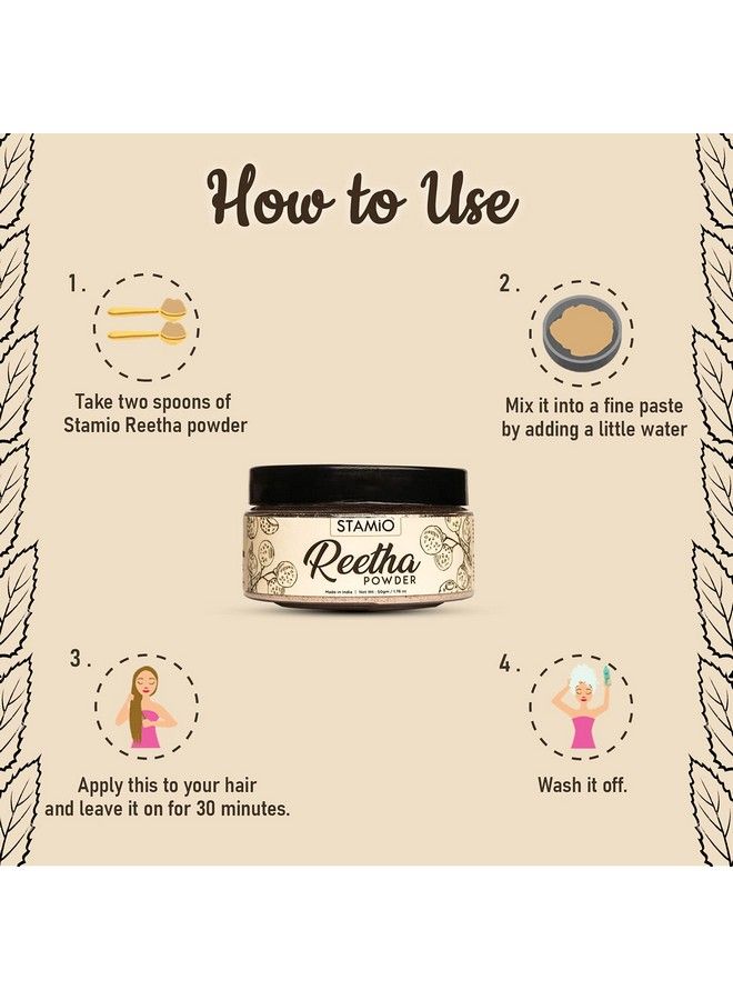 STAMIO Reetha Powder For Hair Wash Pack Mask Diy ; Pure Seedless Aritha ; Natural Cleanser/Shampoo ; Ritha ; Soapnuts ; Sapindus Mukorossi ; 50 Gm - Image 4