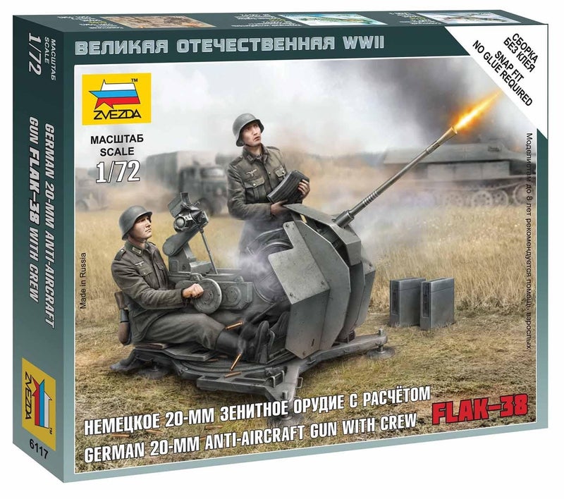 Zvezda Models 172 German 2cm Flak 38 With Crew New Tooling Snap Kit - Image 2