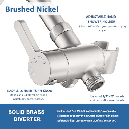 Uvish 3 Way Shower Diverter Valve with Hand Shower Holder, G1/2 Shower Head Splitter, Shower Arm Diverter, Bathroom Universal Shower System Replacement Part (Brushed) - Image 2