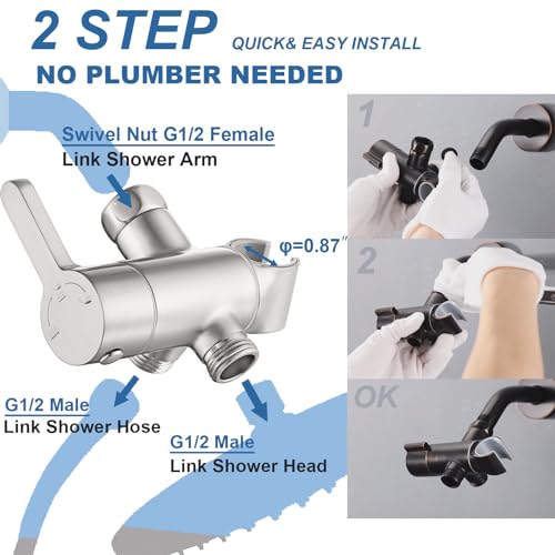 Uvish 3 Way Shower Diverter Valve with Hand Shower Holder, G1/2 Shower Head Splitter, Shower Arm Diverter, Bathroom Universal Shower System Replacement Part (Brushed) - Image 3