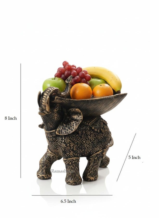Ramashram Resin Elephant Fruit Bowl Statue | Decorative Elephant Figurine with Bowl for Fruits & Snacks | Antique Gold Finish Table Centerpiece for Home & Living Room Decor - 8 Inch (Style 1) - Image 2