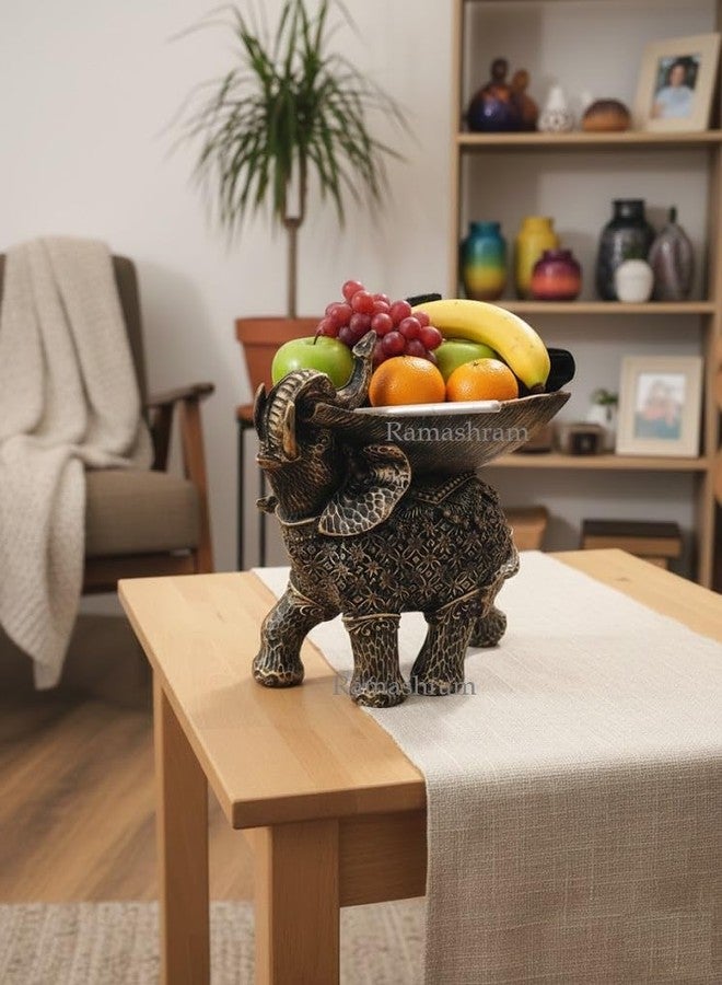 Ramashram Resin Elephant Fruit Bowl Statue | Decorative Elephant Figurine with Bowl for Fruits & Snacks | Antique Gold Finish Table Centerpiece for Home & Living Room Decor - 8 Inch (Style 1) - Image 1
