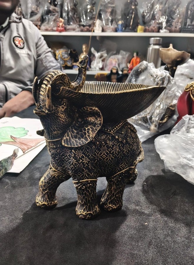 Ramashram Resin Elephant Fruit Bowl Statue | Decorative Elephant Figurine with Bowl for Fruits & Snacks | Antique Gold Finish Table Centerpiece for Home & Living Room Decor - 8 Inch (Style 1) - Image 5