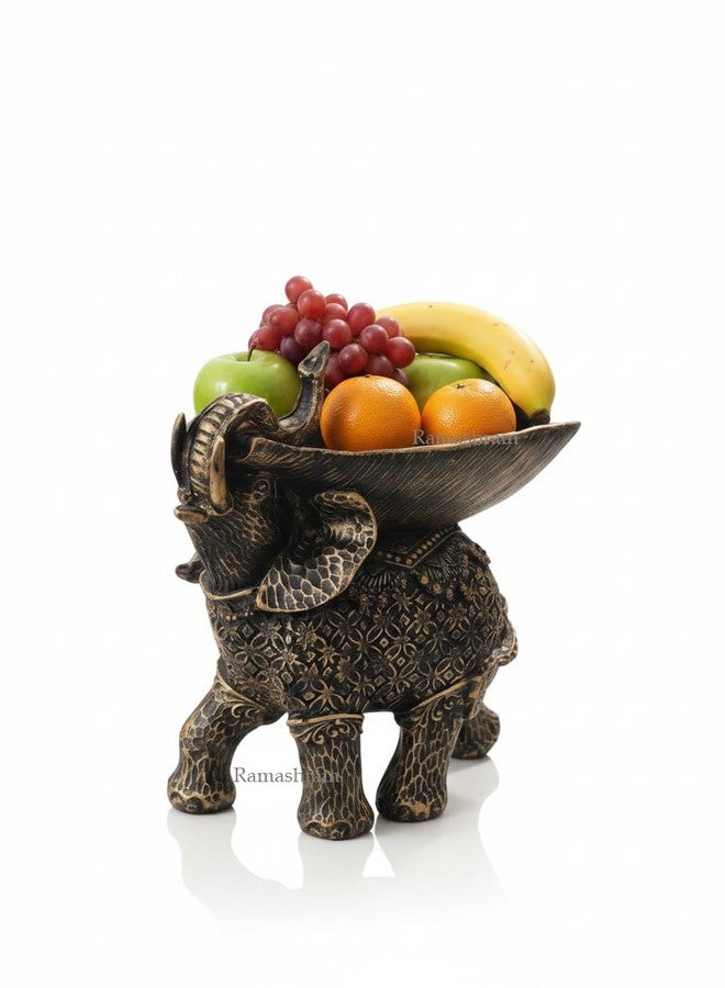 Ramashram Resin Elephant Fruit Bowl Statue | Decorative Elephant Figurine with Bowl for Fruits & Snacks | Antique Gold Finish Table Centerpiece for Home & Living Room Decor - 8 Inch (Style 1) - Image 4