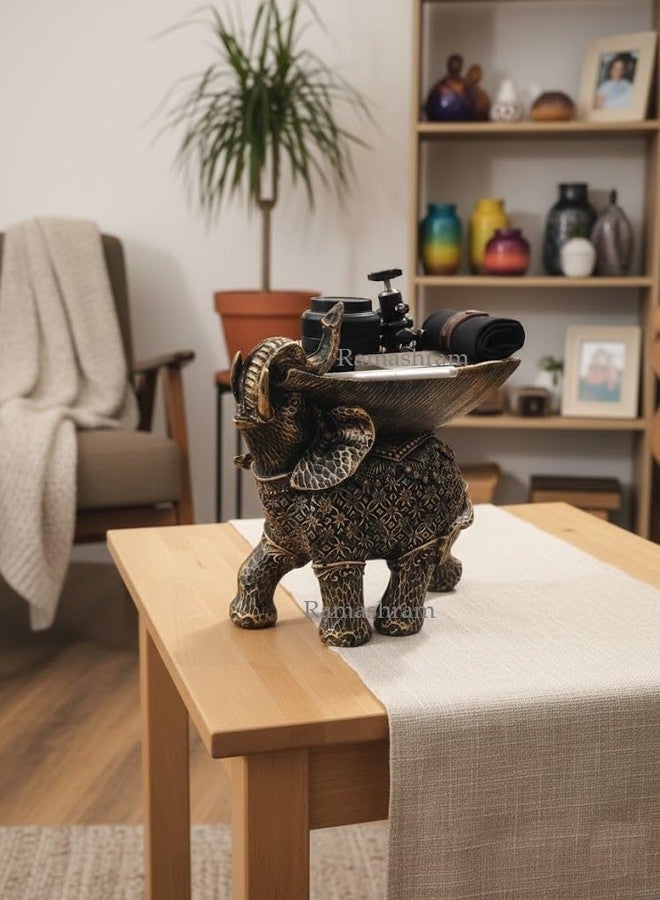 Ramashram Resin Elephant Fruit Bowl Statue | Decorative Elephant Figurine with Bowl for Fruits & Snacks | Antique Gold Finish Table Centerpiece for Home & Living Room Decor - 8 Inch (Style 1) - Image 3