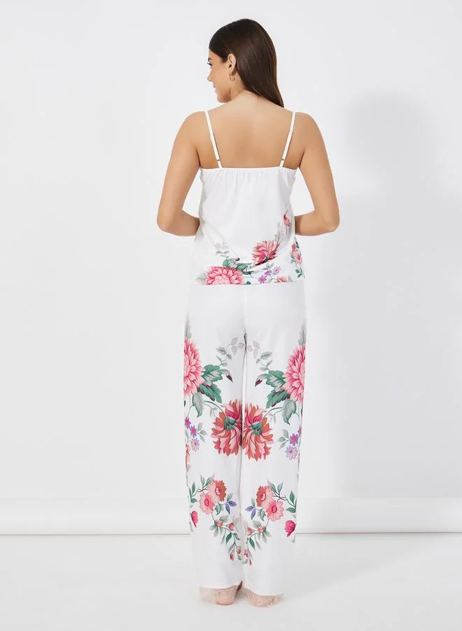 Styli Floral Print Lace Inset Strappy Cami Top & Pants Pyjama Set