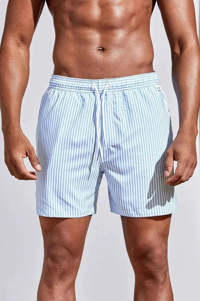 Angelsin Men's Basic Standard Size Thin Striped Printed Swimsuit with Pocket Swim Shorts