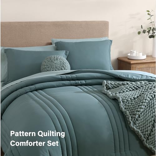 Monbix Queen Comforter Set - 7 Pieces Dark Green Bed in a Bag Queen Bedding Sets with Comforters, All Seasons Comforter Bed Set with Sheets,Pillowcases & Shams - Image 4