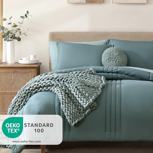 Monbix Queen Comforter Set - 7 Pieces Dark Green Bed in a Bag Queen Bedding Sets with Comforters, All Seasons Comforter Bed Set with Sheets,Pillowcases & Shams - Image 3