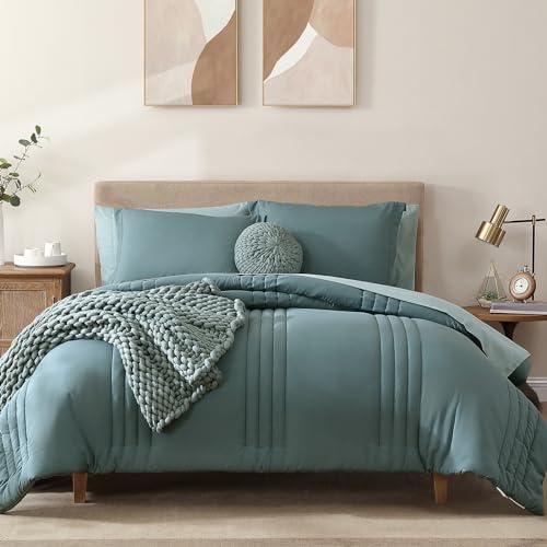 Monbix Queen Comforter Set - 7 Pieces Dark Green Bed in a Bag Queen Bedding Sets with Comforters, All Seasons Comforter Bed Set with Sheets,Pillowcases & Shams - Image 1