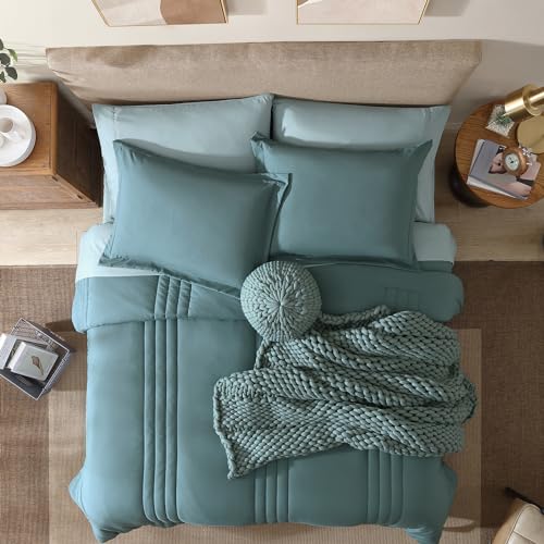 Monbix Queen Comforter Set - 7 Pieces Dark Green Bed in a Bag Queen Bedding Sets with Comforters, All Seasons Comforter Bed Set with Sheets,Pillowcases & Shams - Image 2