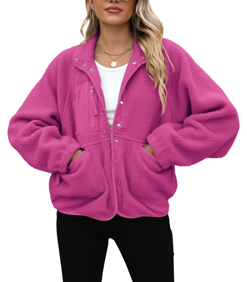 Yanekop Sherpa Jacket Women Fall Winter Faux Fur Coat Fuzzy Fleece Jacket Button Up Cozy Sweaters Warm Winter Clothes(A Fuchsia,S) - Image 3