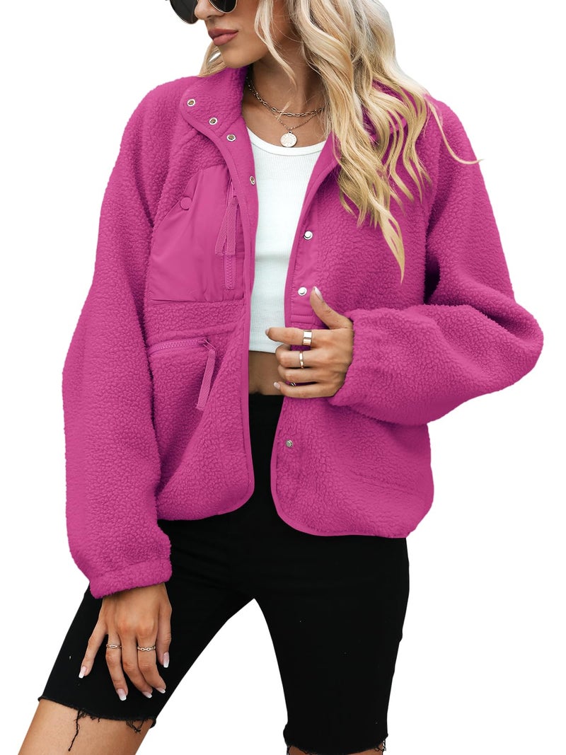 Yanekop Sherpa Jacket Women Fall Winter Faux Fur Coat Fuzzy Fleece Jacket Button Up Cozy Sweaters Warm Winter Clothes(A Fuchsia,S) - Image 2
