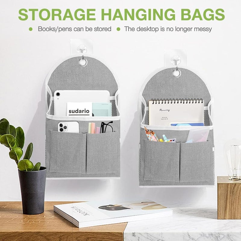 Wall Hanging Storage Bag - Grey Checkered Linen Organizer with 6 Pockets - Image 5