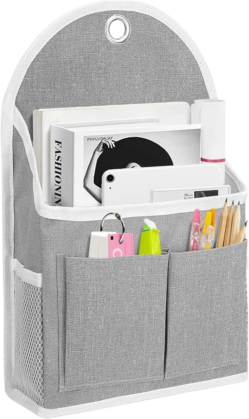 Wall Hanging Storage Bag - Grey Checkered Linen Organizer with 6 Pockets - Image 1