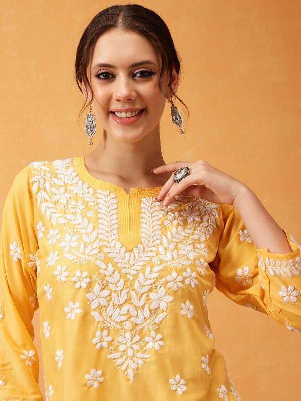 Ada Women Muslin Regular Fit Hand Embroidered Lucknowi Chikankari Straight Top Tunic Short Kurti A911423 Yellow (2XL) - Image 5