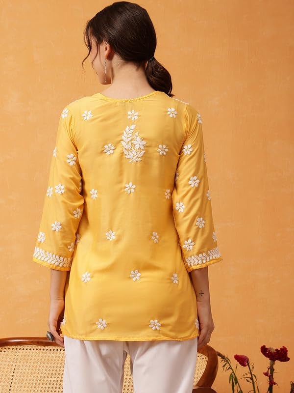 Ada Women Muslin Regular Fit Hand Embroidered Lucknowi Chikankari Straight Top Tunic Short Kurti A911423 Yellow (2XL) - Image 2
