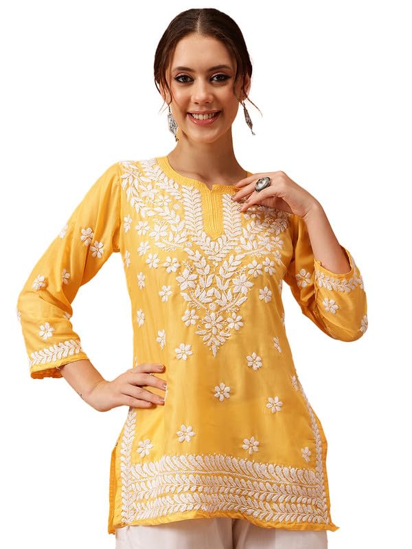 Ada Women Muslin Regular Fit Hand Embroidered Lucknowi Chikankari Straight Top Tunic Short Kurti A911423 Yellow (2XL) - Image 1