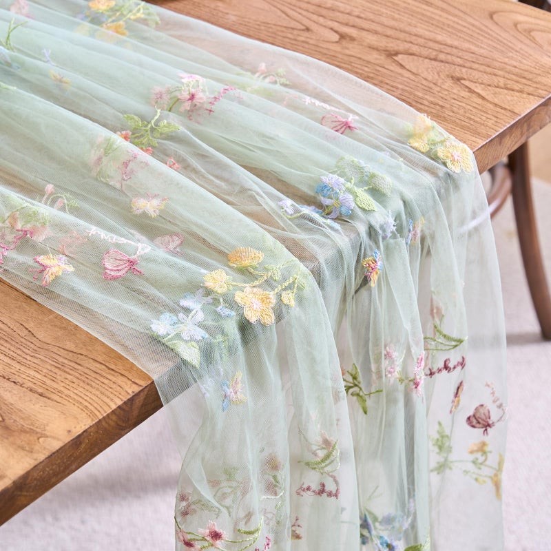 vctops 2 Packs Embroidery Lace Spring Table Runner 10ft Floral Garden Seasonal Tulle Table Runner Holiday Kitchen Dining Table Decoration for Wedding Party Baby Shower Birthday (Sage Green,30"x120") - Image 1